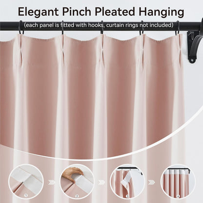 Baby Pink Pinch Pleat Blackout Curtains Drapes 96 Inches Long for Girls Bedroom, Pinch Pleated