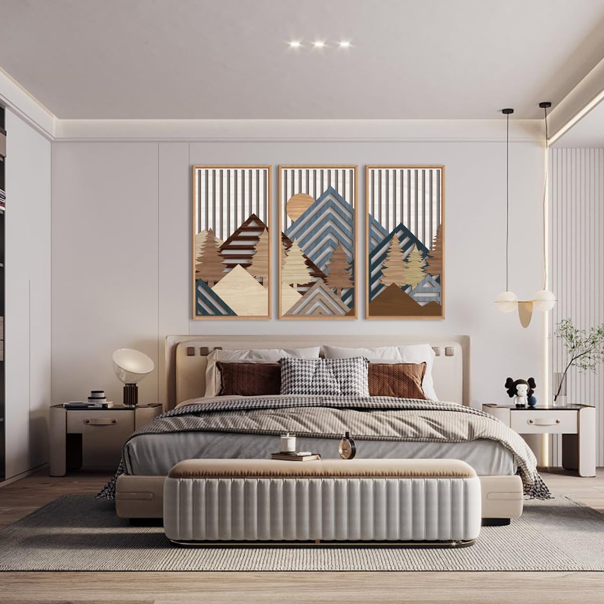 IARTTOP Large Mountain Wood Wall Art 16"x32"x3 Abstract Forest Wall Sculpture Geometric Boho Sunset