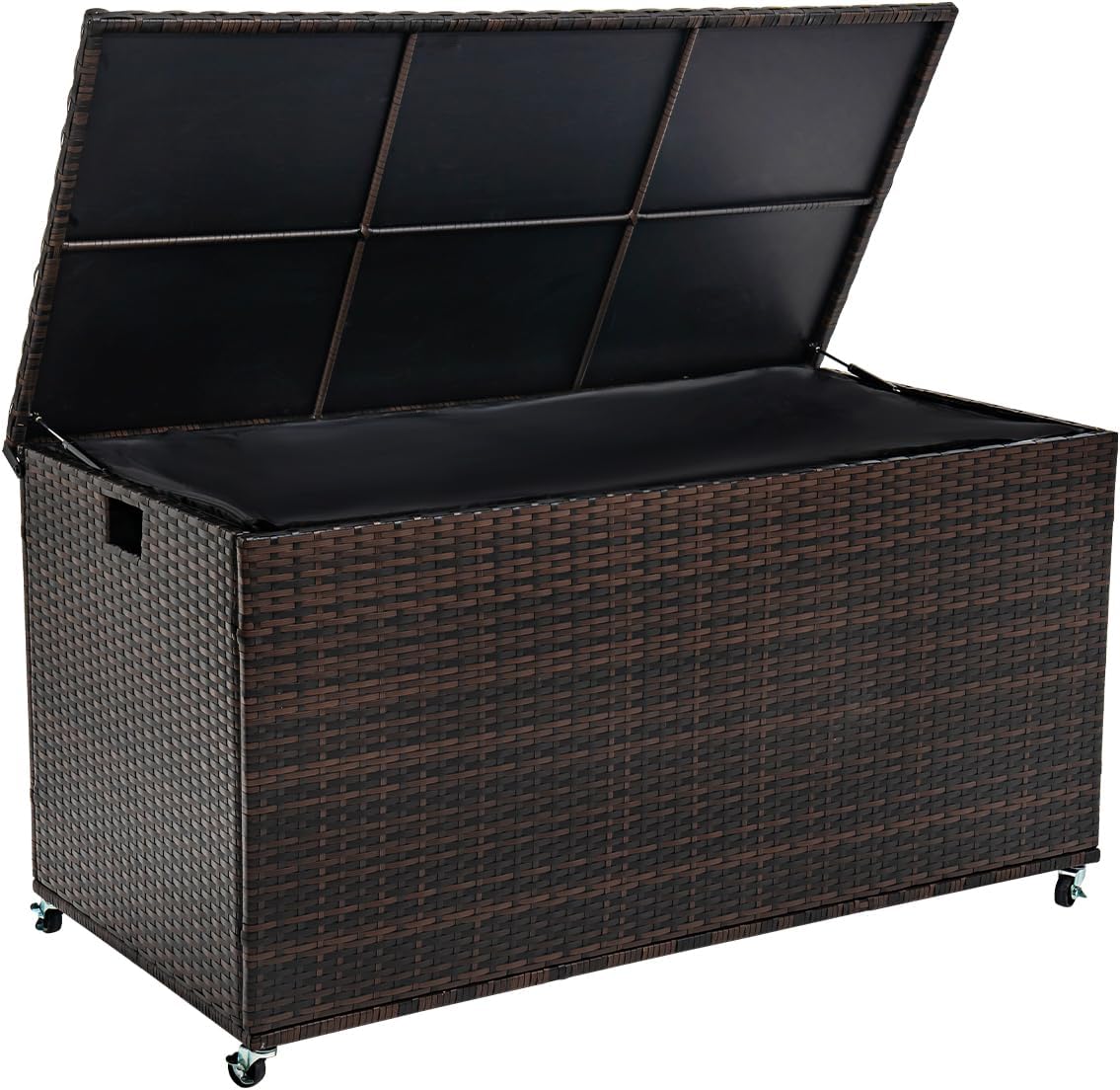Outdoor 170 Gallon Water-Resistant Wicker Storage Box with Wheels, PE Rattan Deck Box with