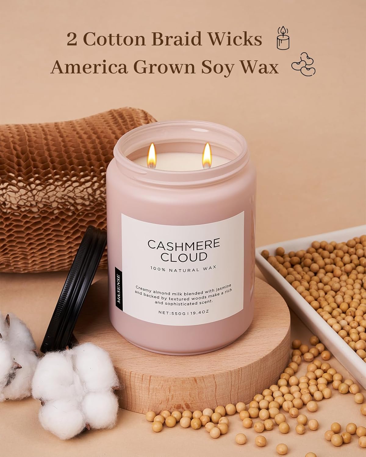 M&SENSE Creamy Almond Milk Scented Candles, 19.4oz 110 Hour Long Lasting 2 Wick Organic Natural Soy