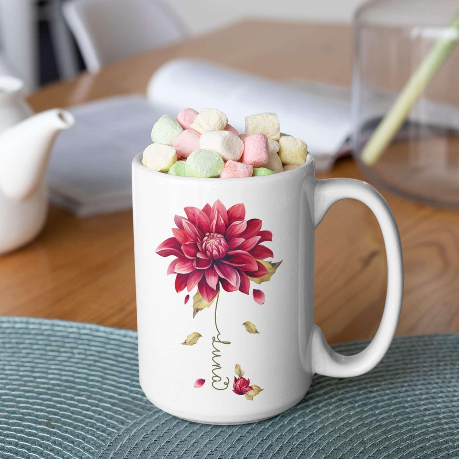 Dahlia Flower Design Coffee Mug, Personalized Name On Red Floral Cup, Custom Ceramic Mug For Flower