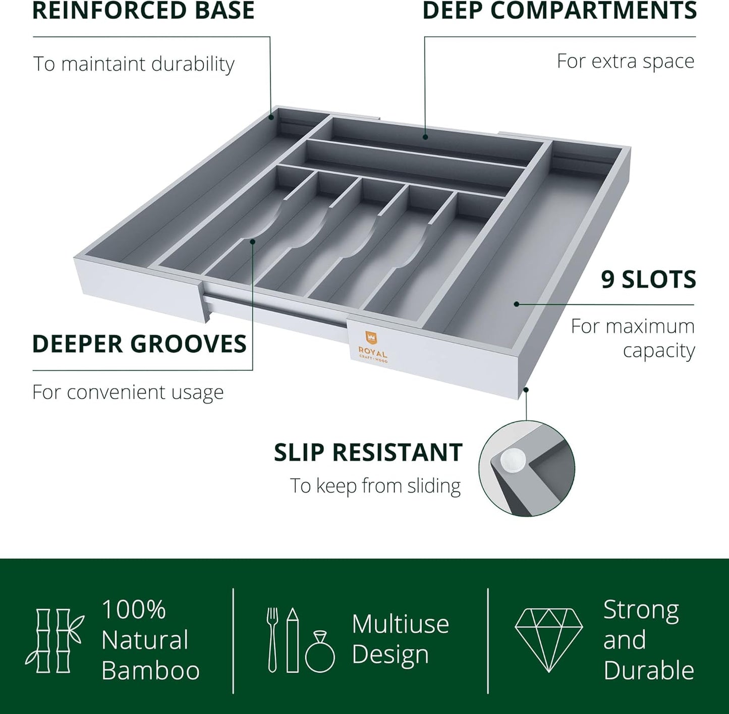 Luxury Bamboo Kitchen Drawer Organizer - Silverware Organizer - Utensil Holder and Cutlery Tray