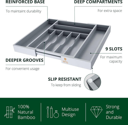 Luxury Bamboo Kitchen Drawer Organizer - Silverware Organizer - Utensil Holder and Cutlery Tray