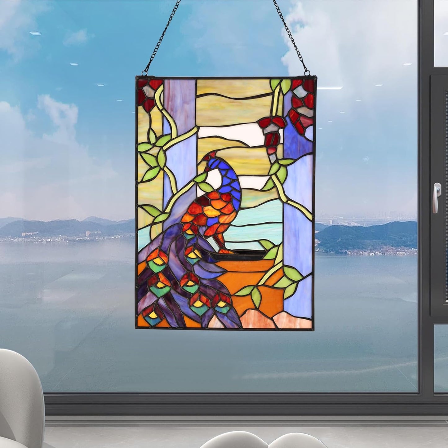 YOURANJU Stained Glass Window Hanging 16" H x 11" W Tiffany Style Rectangular Window Panel Suitable