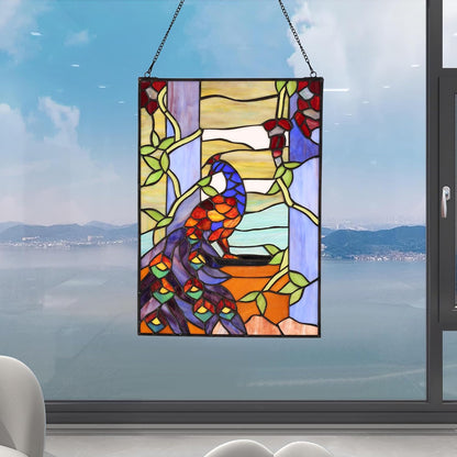 YOURANJU Stained Glass Window Hanging 16" H x 11" W Tiffany Style Rectangular Window Panel Suitable