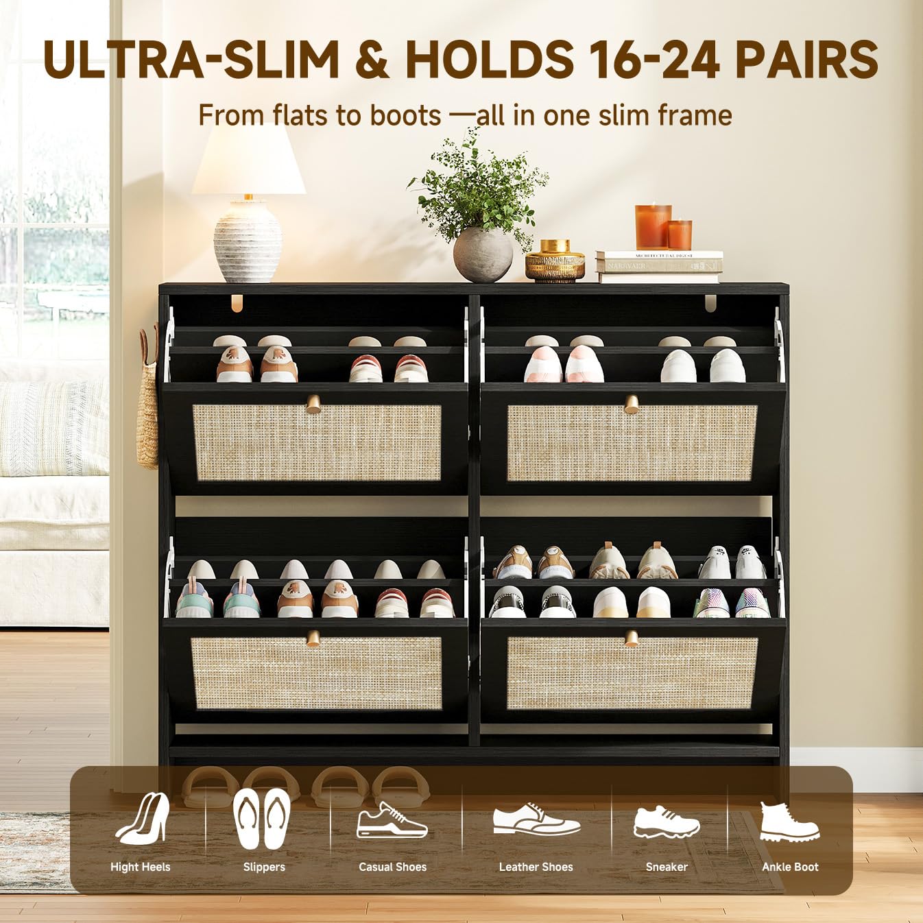 Nicetree Shoe Cabinet Storage for Entryway, 4-Flip Drawer Narrow Shoe Rack, Organic Modern Rattan