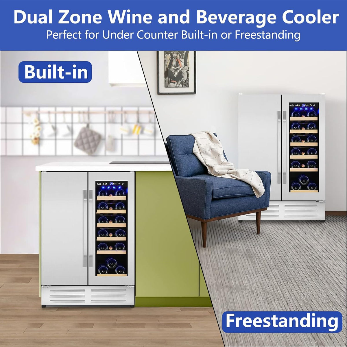 Wine and Beverage Refrigerator,24 Inch Dual Zone Wine Beverage Cooler, Built-in/Freestanding Beer