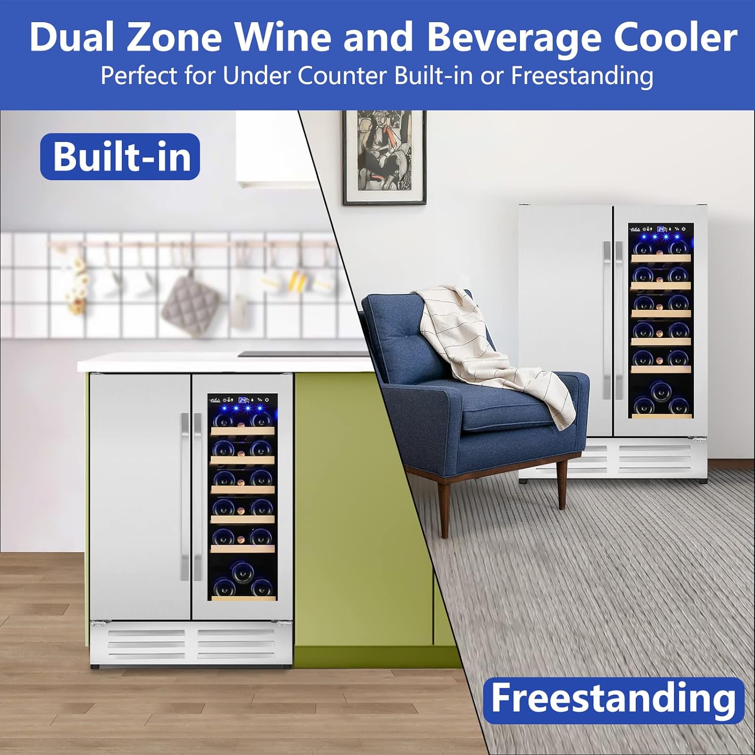 Wine and Beverage Refrigerator,24 Inch Dual Zone Wine Beverage Cooler, Built-in/Freestanding Beer