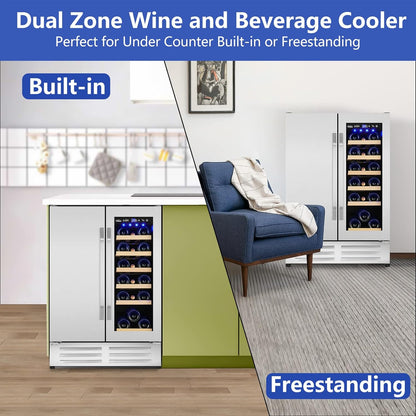 Wine and Beverage Refrigerator,24 Inch Dual Zone Wine Beverage Cooler, Built-in/Freestanding Beer