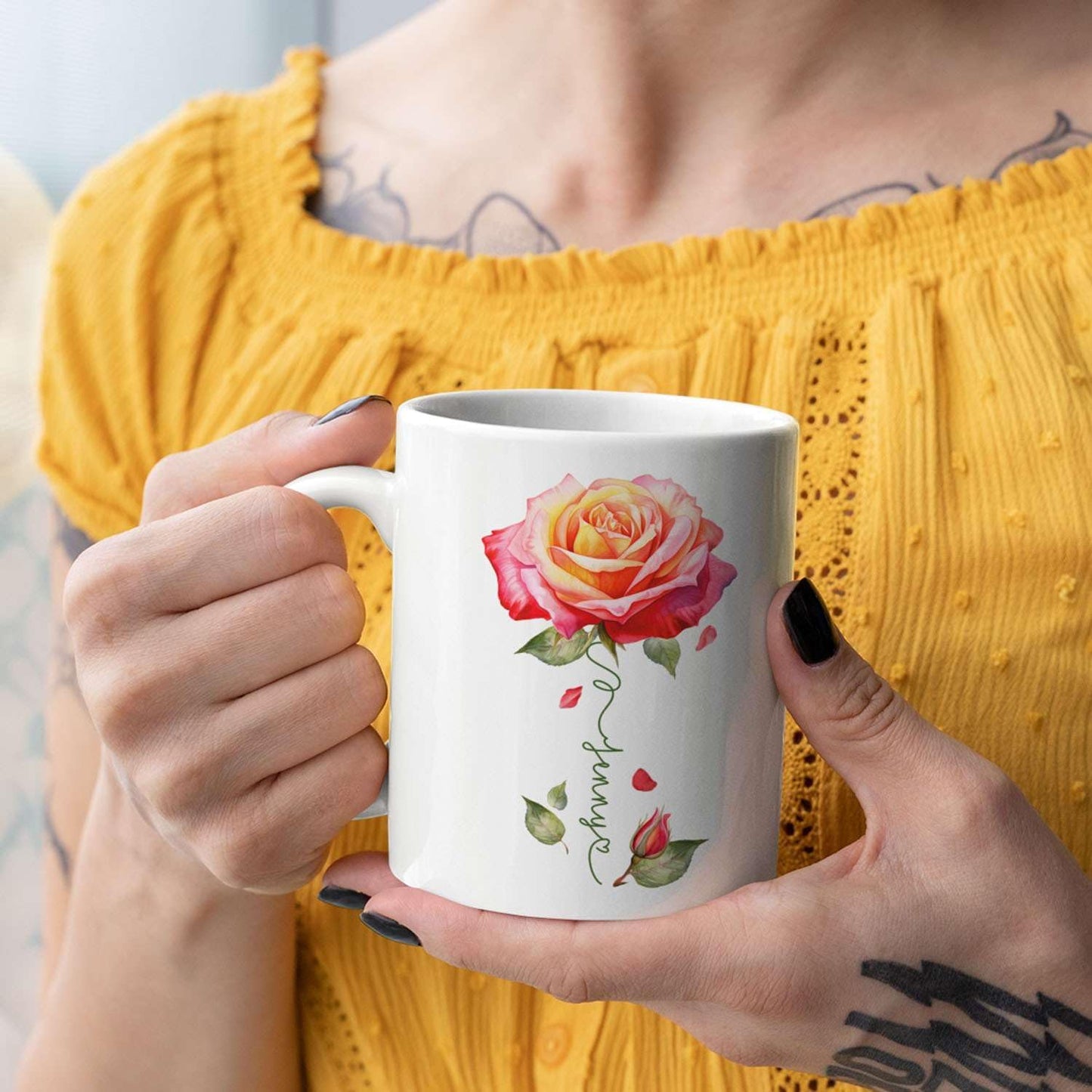 Novelty Rose Accent Cup For Girl, Personalized Rose Flower Coffee Mug 11oz 15oz, Customized Rose