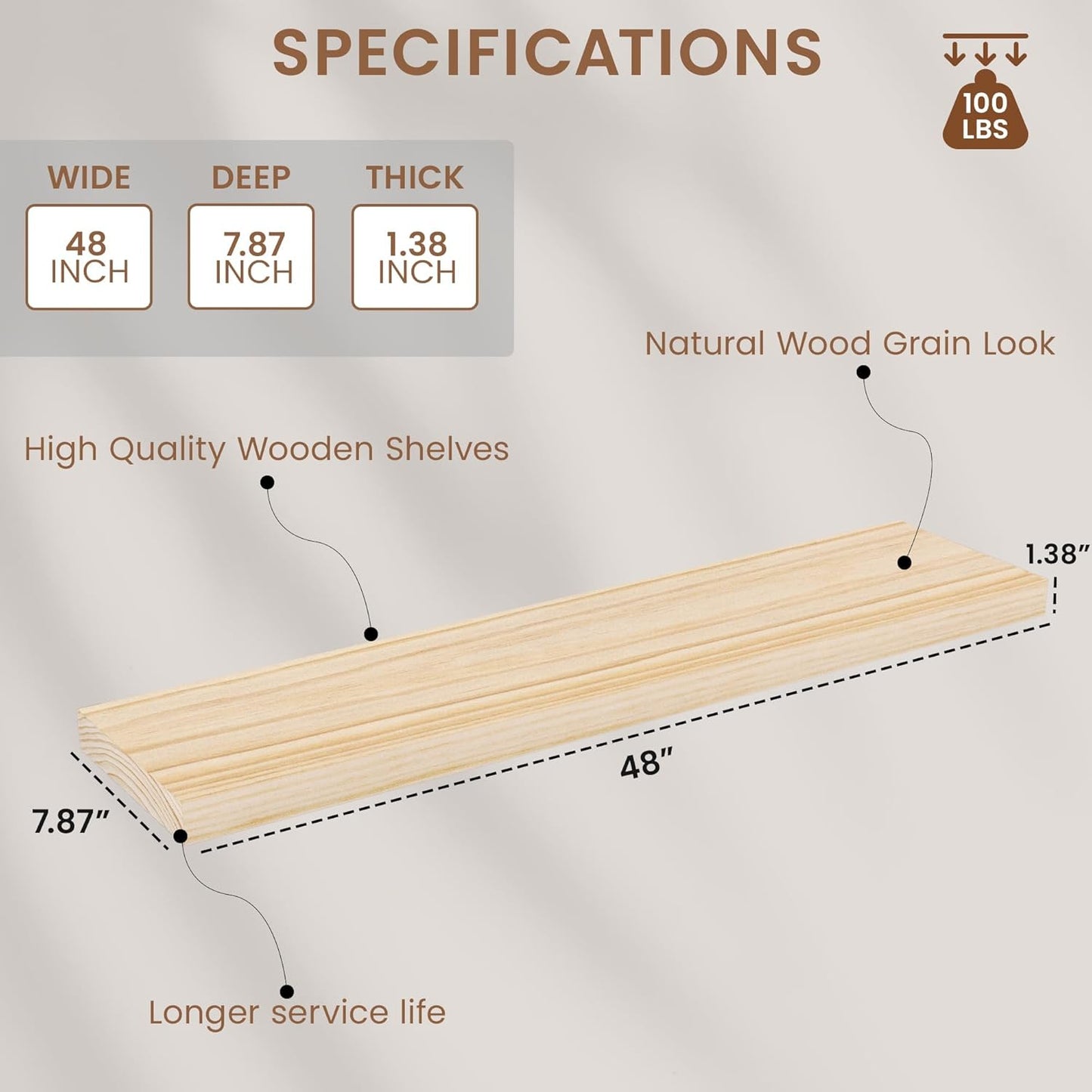 Light Wood Floating Shelves 48 Inch, 8 in Deep Single Book Shelf Floating for Wall Mounted, Heavy