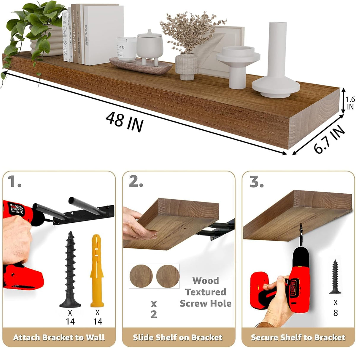 IAE Walnut Floating Wall Shelves 48 inch, Bathroom Shelves Wall Mounted,Invisible Shelves Floating
