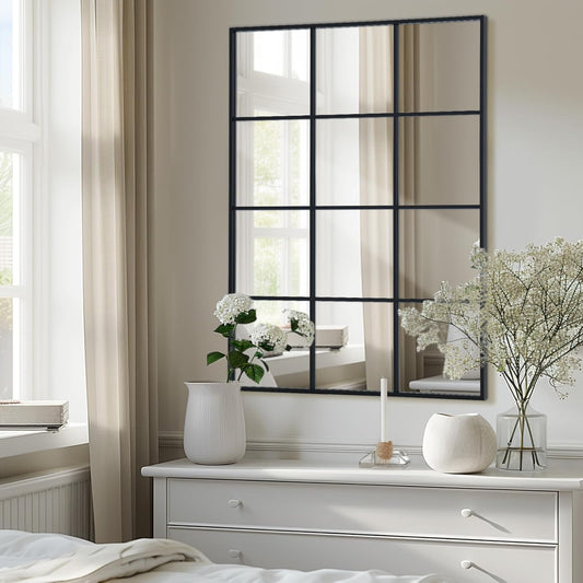 Windowpane Wall Mirror 24"x36" Black Wall Mounted Art Pane Mirror Farmhouse Decorative Mirror