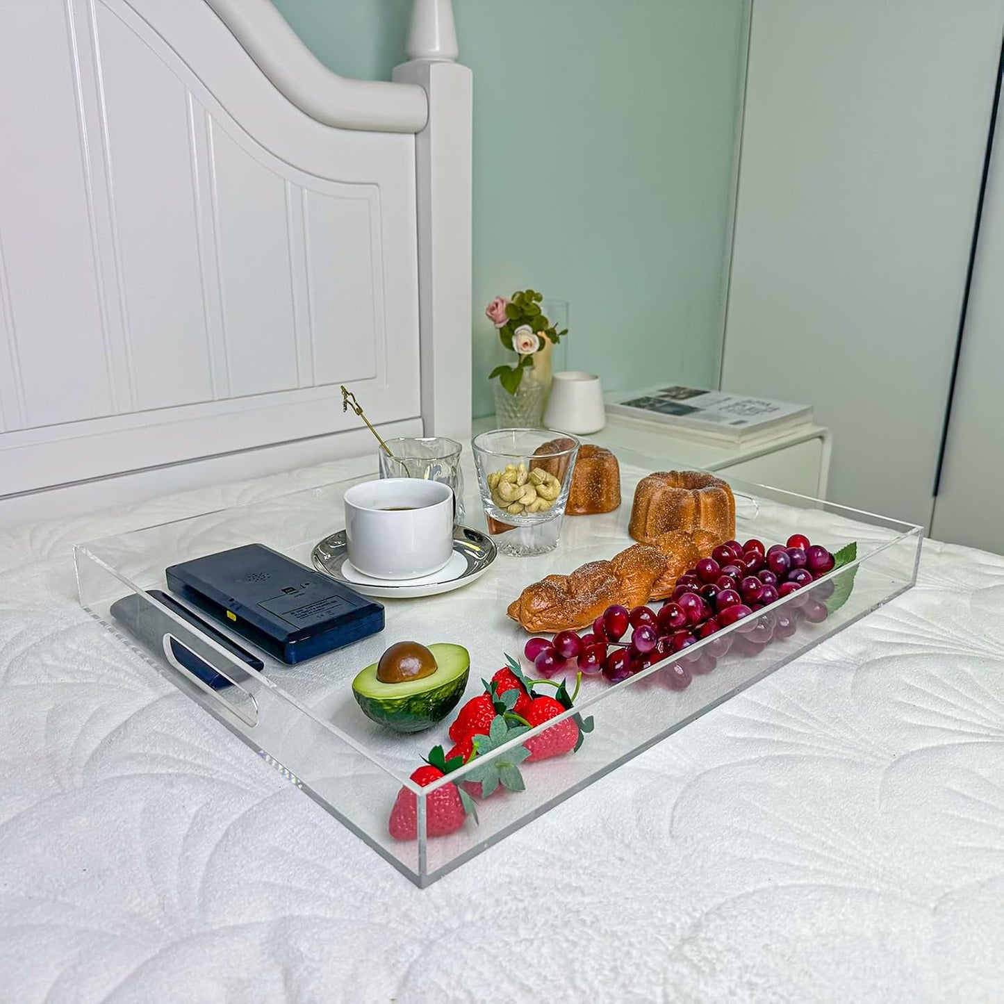 Clear Rectangular 16x20 Inches Acrylic Ottoman Tray Decorative Serving Tray with Cutout Handles