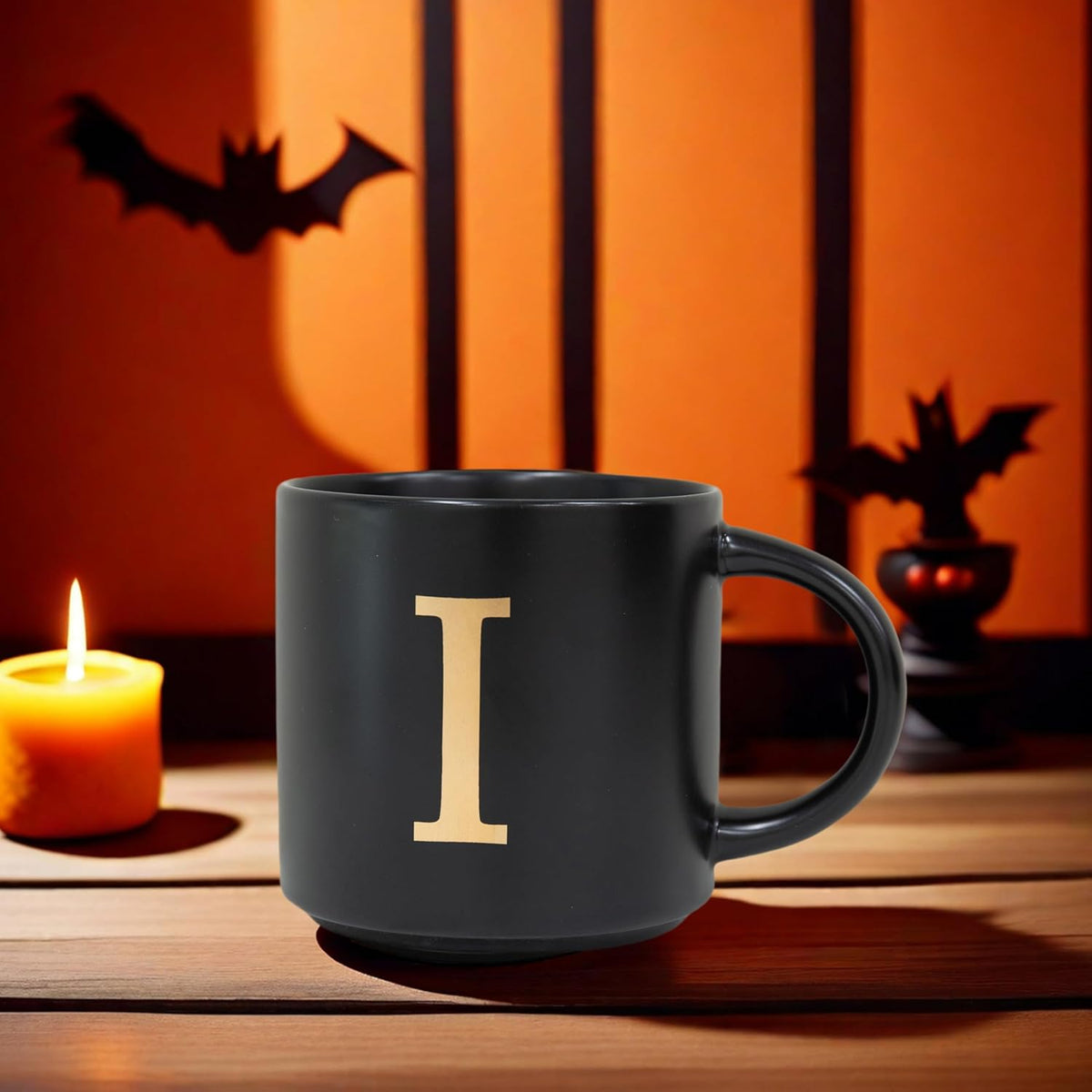 COLLECTIVE HOME - Monogram Ceramic Mugs, 15 oz Golden Initial Black Coffee Cups, Elegant Alphabet