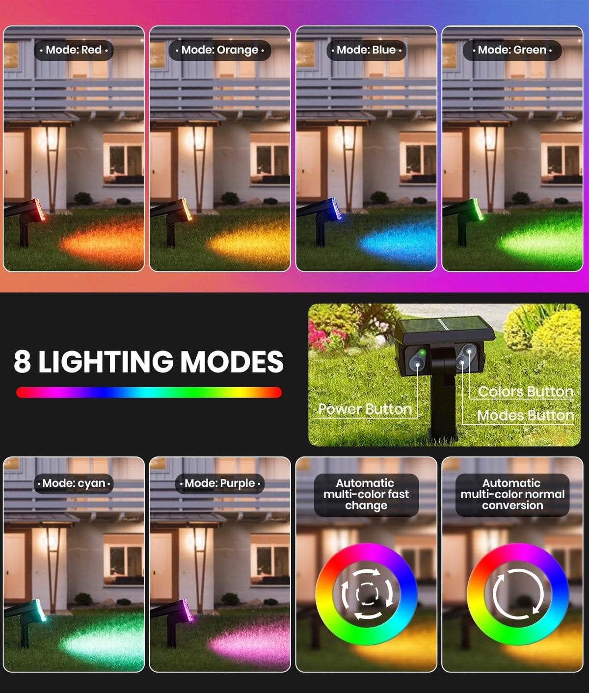 Solar Spot Lights Outdoor 2-Pack Multicolor IP65 Waterproof RGB - 6 Colors, 2 Modes, 105°