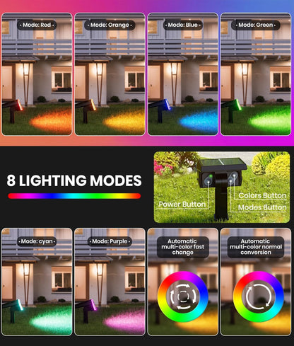 Solar Spot Lights Outdoor 2-Pack Multicolor IP65 Waterproof RGB - 6 Colors, 2 Modes, 105°
