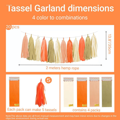 Tissue Paper Tassel Garland Banner, 20 Pack, Pink Orange Ivory Brown, Boho Party Decorations for