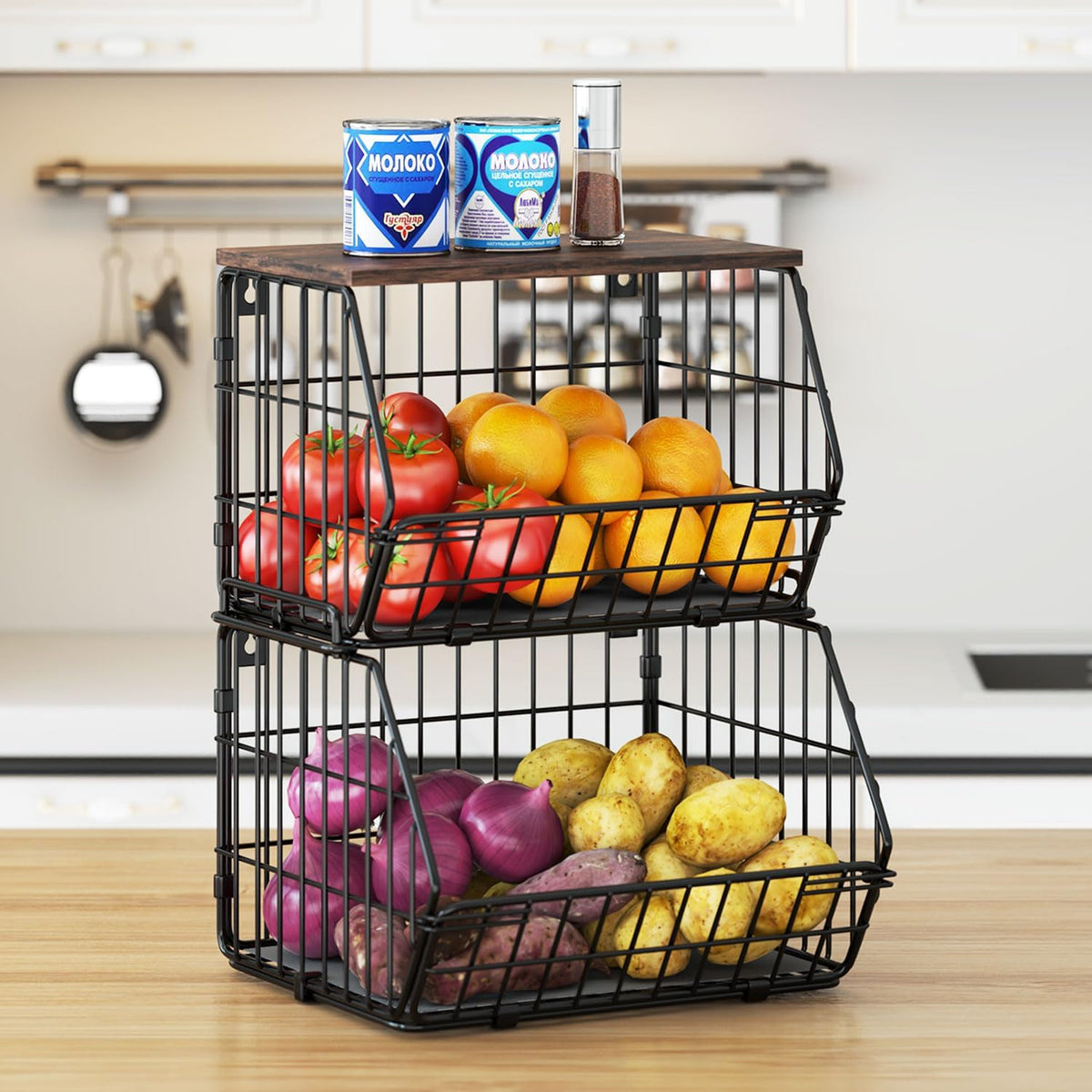 Wetheny 2 Tier Stackable Wall Mounted Wire Basket Fruit Basket with Wood Lid - Kitchen Pantry