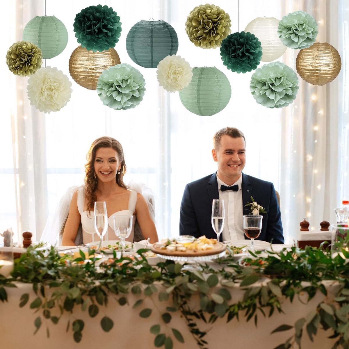 zilue Sage Green Party Decorations, Sage Green Paper Lanterns and Pom Poms Flowers for Birthday