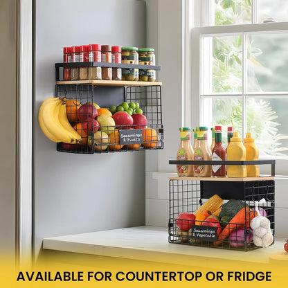 [WIDER Shelf]2 SET Strong Magnetic Shelf Basket for Fridge with Tag & Bamboo Top, XXL Large