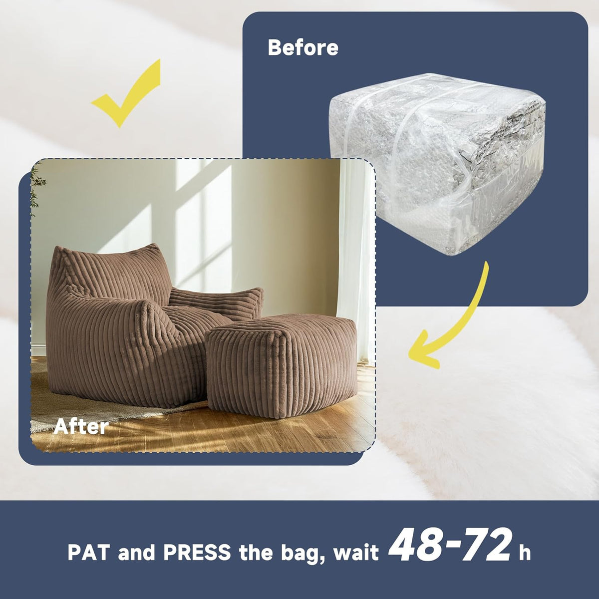 Giant Bean Bag Chairs for Adults, Oversized Chaise Lounge Chair Indoor with Memory Foam - Plush