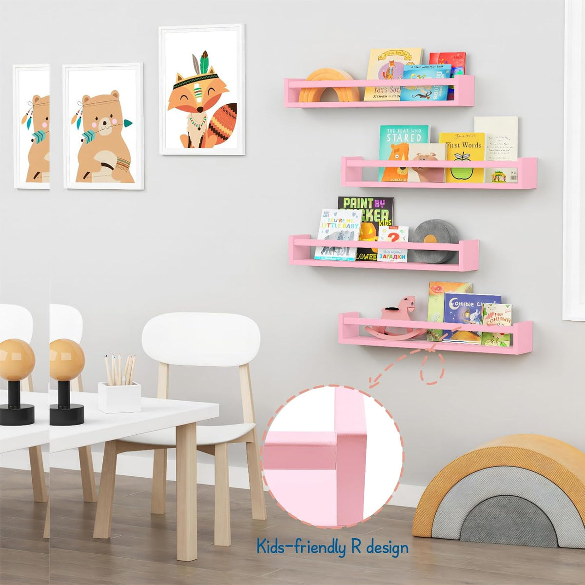 Forbena Large Pink Kids Book Shelves for Girls Room Wall Set of 4, Floating Nursery Book Shelf for