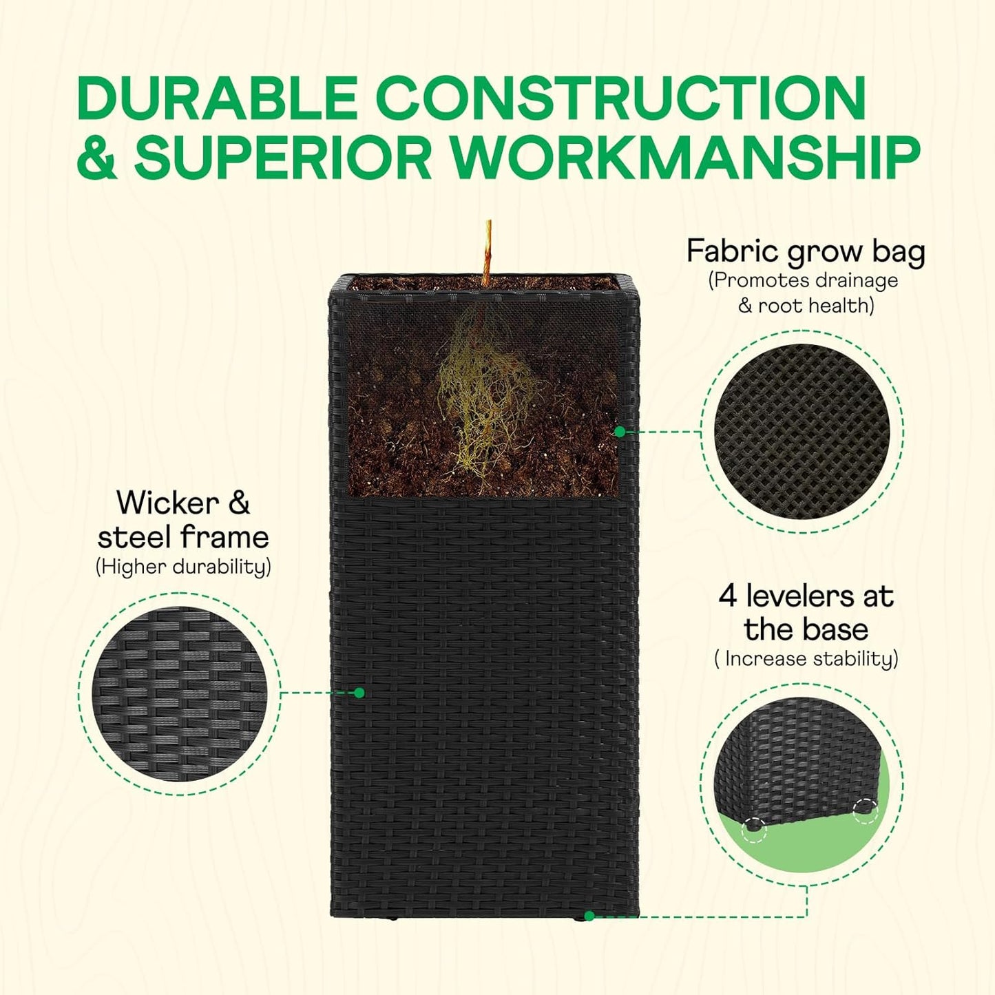 IDZO All-Weather Wicker Planters, Set of 2, 24 in Tall Wicker Planters, Self-Watering with