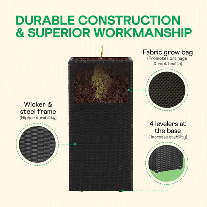IDZO All-Weather Wicker Planters, Set of 2, 24 in Tall Wicker Planters, Self-Watering with