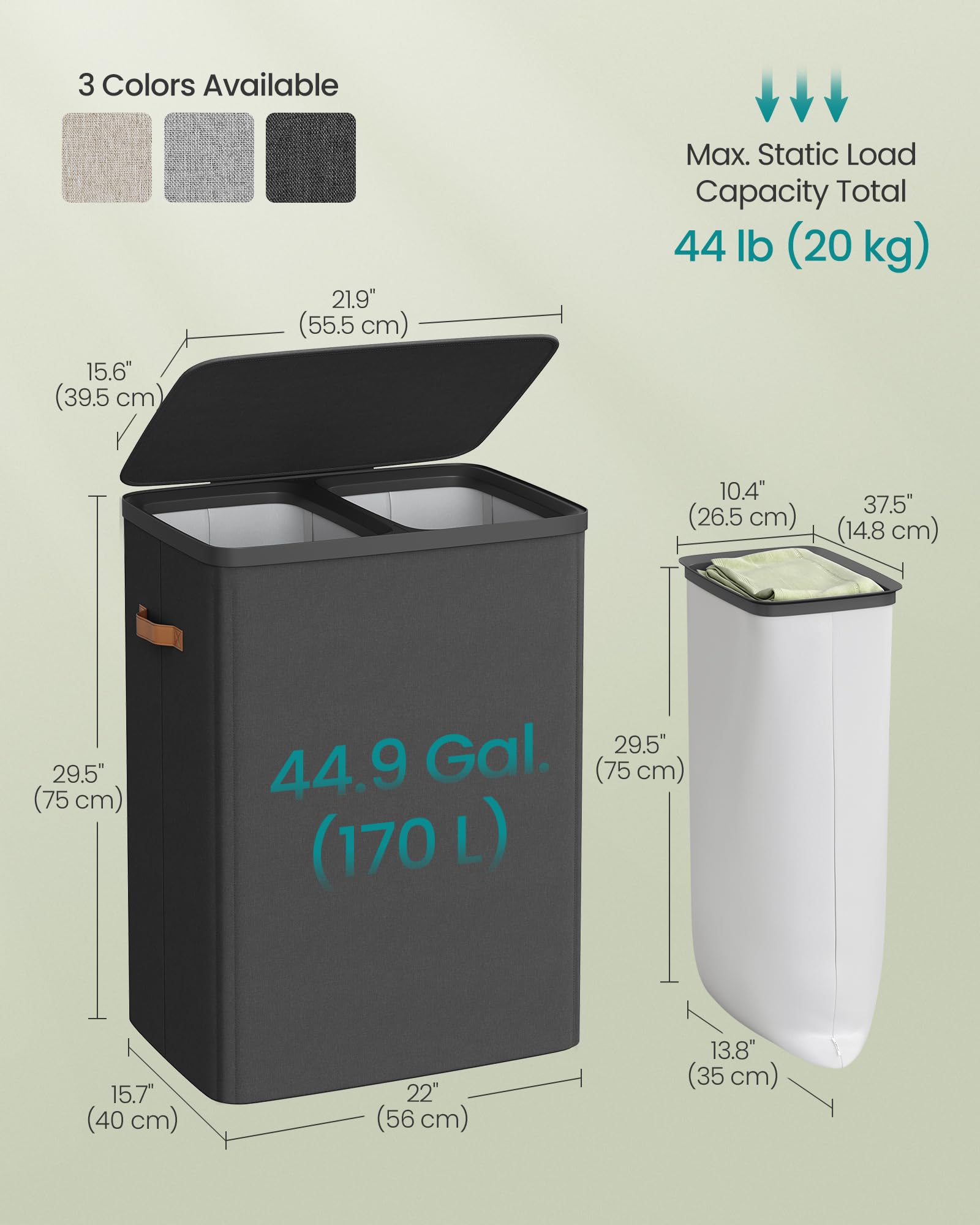 SONGMICS Laundry Basket, 44.9 Gal. Laundry Hamper, 2 Compartments, Easy Assembly, with Lid and
