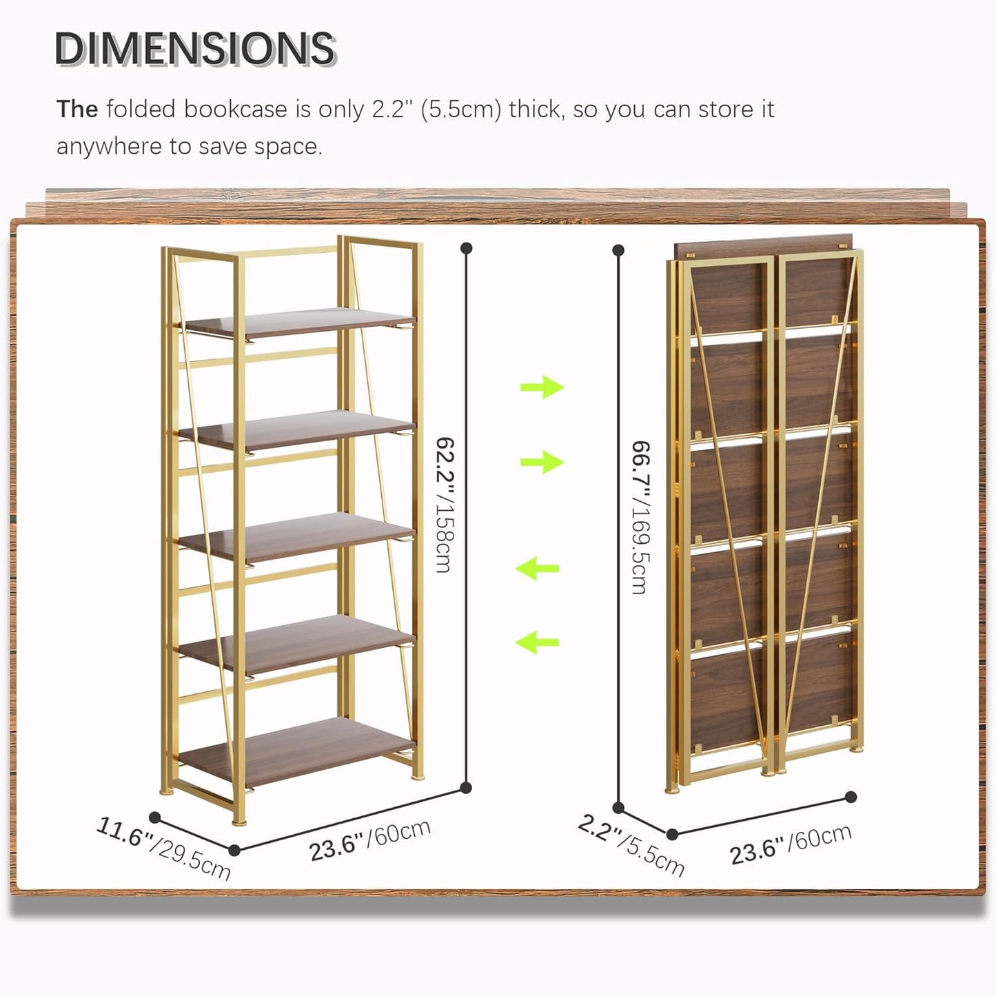 4NM No Assembly Foldable Bookshelf, 5-Shelf Collapsible Bookcase Storage for Small Spaces, 62.2" H