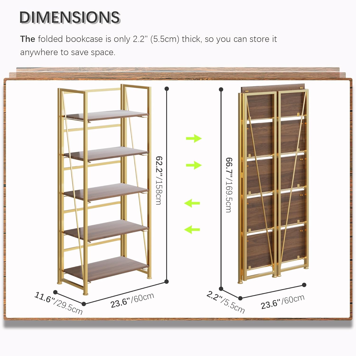 4NM No Assembly Foldable Bookshelf, 5-Shelf Collapsible Bookcase Storage for Small Spaces, 62.2" H