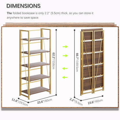 4NM No Assembly Foldable Bookshelf, 5-Shelf Collapsible Bookcase Storage for Small Spaces, 62.2" H
