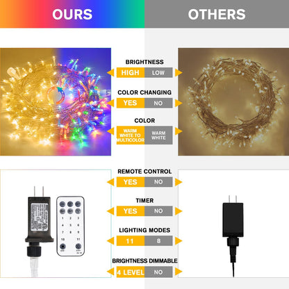 JMEXSUSS 33ft 100 LED Color Changing String Lights Plug in, Warm White & Multicolor Christmas Tree