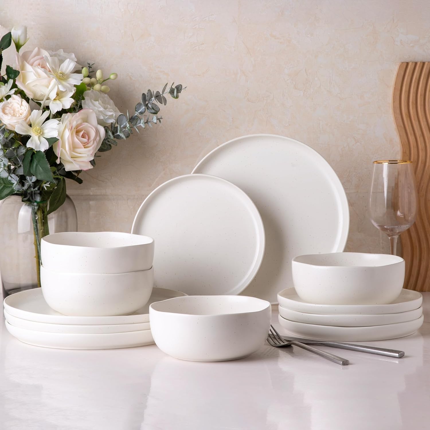 AmorArc Ceramic Dinnerware Sets, Wavy Rim Stoneware Plates and Bowls Sets, Highly Chip and Crack