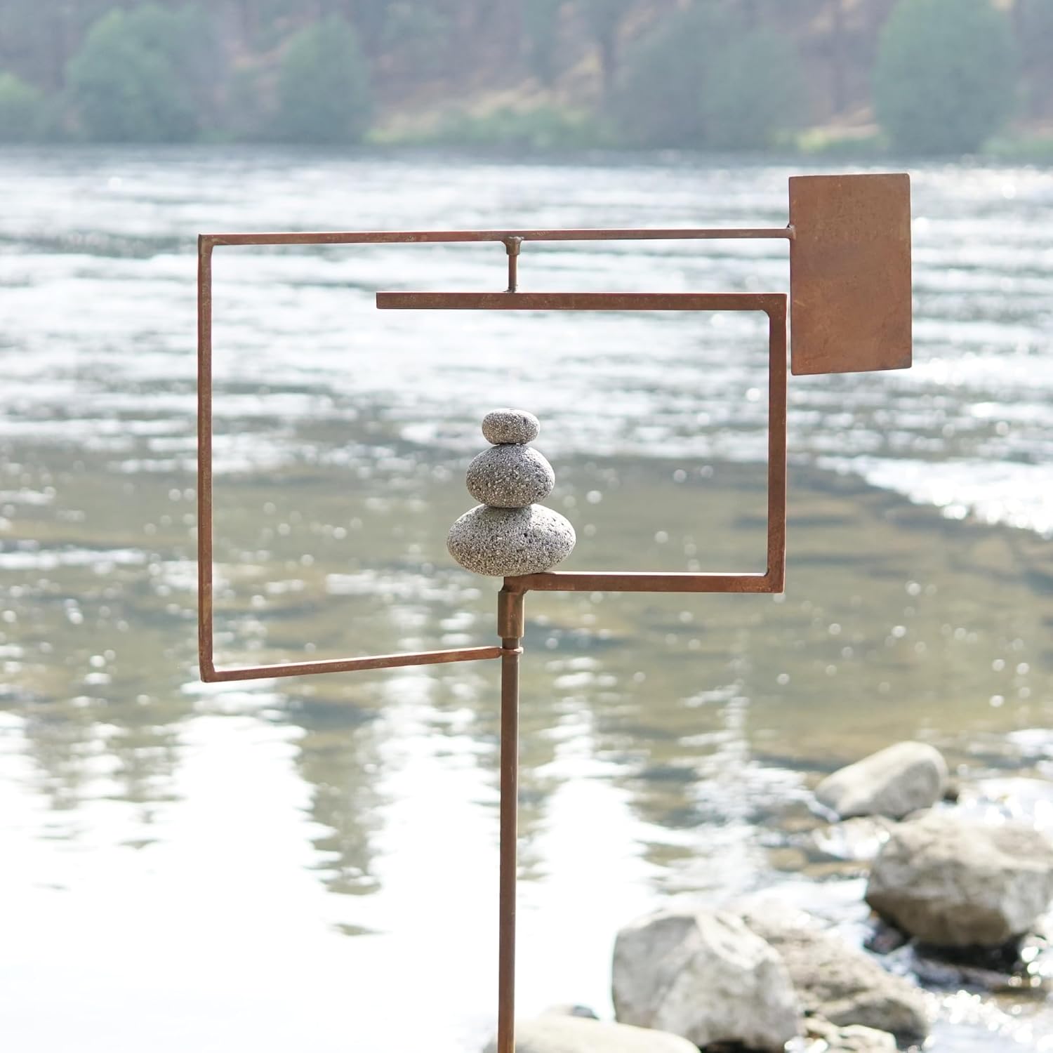 Modern Zen Garden Spinner Kinetic Wind Sculpture with Rock Cairn & Stake - Relaxing Outdoor