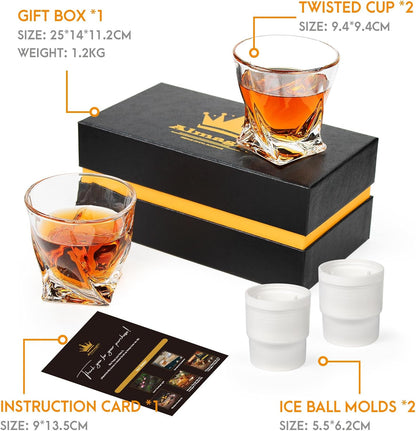 Crystal Whiskey Glasses Set of 2 with Ice Ball Molds, 11 Oz Old Fashioned Glasses Packaged in