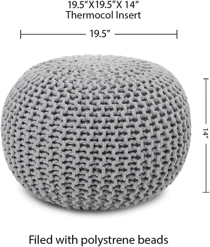 REDEARTH Round Boho Pouf Ottoman - Cable Knitted Cord Boho Pouffe - Stuffed Poof Accent Beanbag