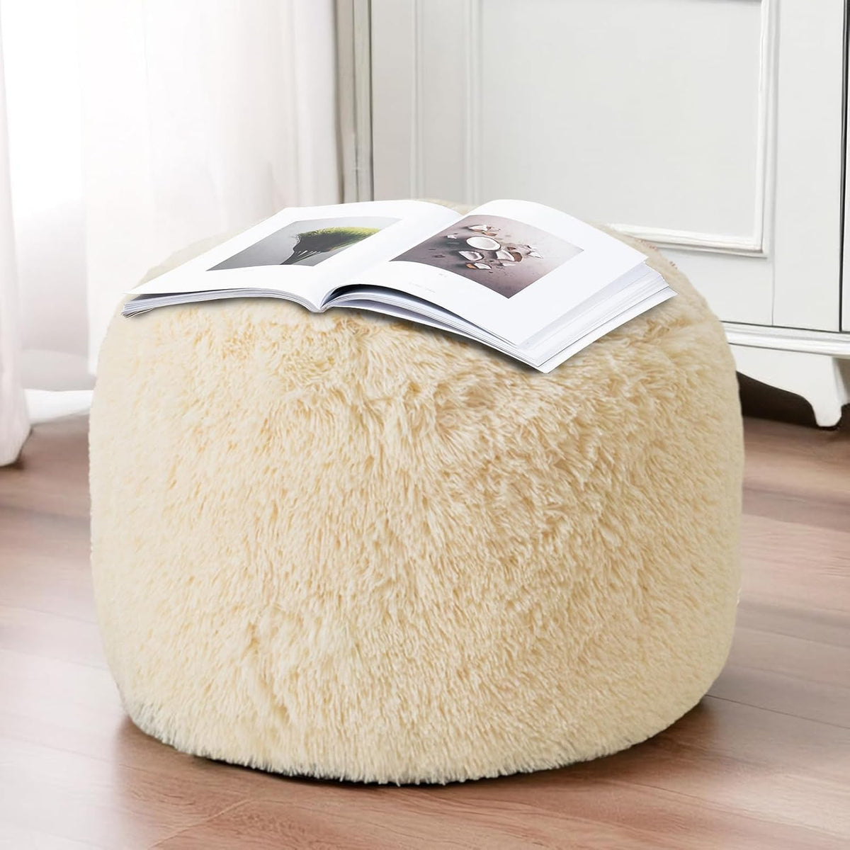 HIGOGOGO Round Stuffed Pouf Ottoman, Long Faux Fur Poufs with Foam Chunk Filling, Fluffy and Furry