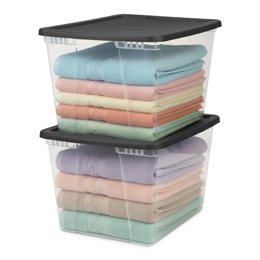 HOMZ 2-Pack Snaplock, Large Clear Plastic Storage Organizer Bins w/Lids, 56 Quart, Gray - Stackable