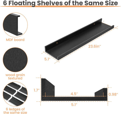 upsimples Floating Shelves for Wall, Wall Shelves for Decor Storage Set of 6, Wall Mounted Wood