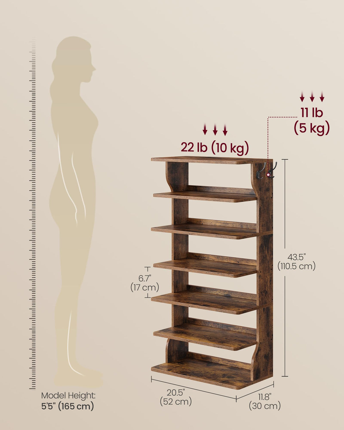 VASAGLE 7-Tier Vertical Shoe Rack, Narrow Shoe Storage Organizer with Hooks