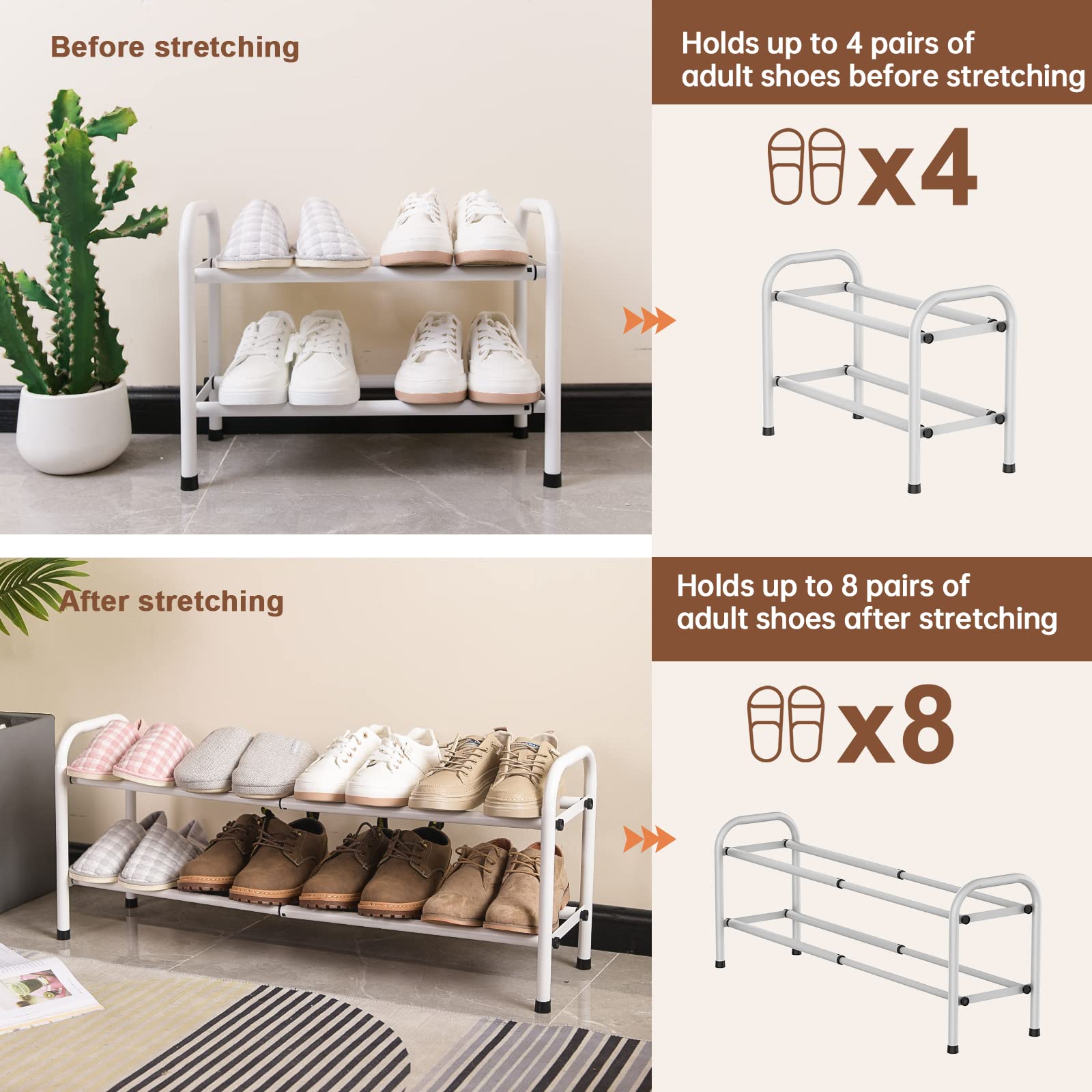Gonfoam Expandable 2-Tier Shoe Rack for Closet and Entryway, White