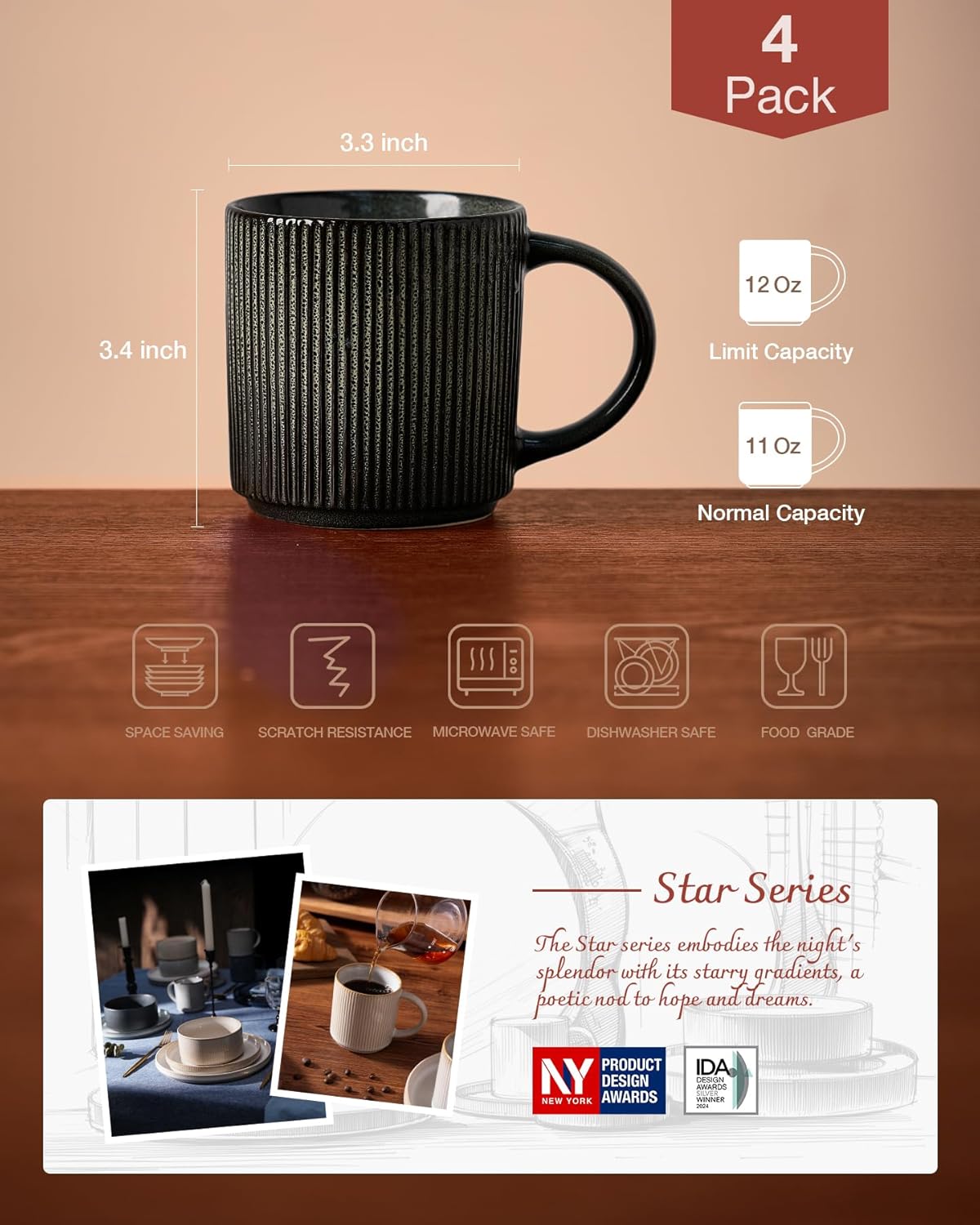 famiware Coffee Mug Set for 4, Star 12 oz Catering Mugs Cup Set with Handle for Coffee, Tea, Cocoa
