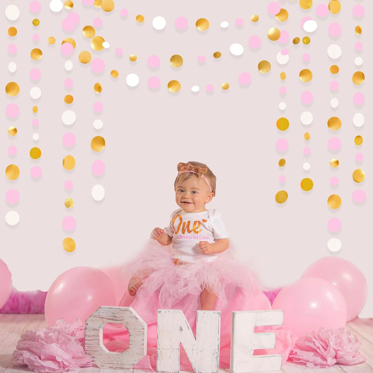Gold and Pink Party Decorations Circle Dots Garland Metallic Gold Light Pink and White Hanging