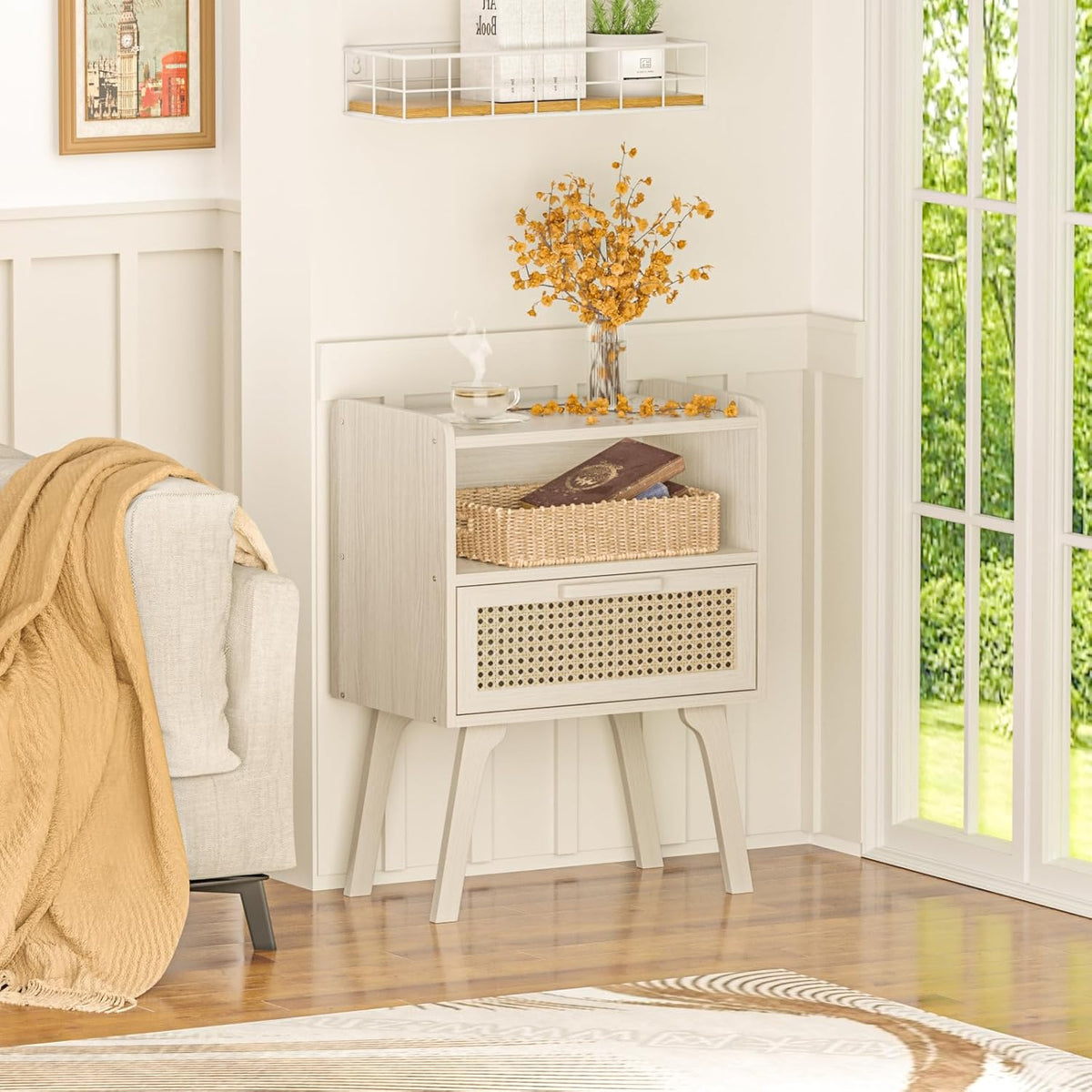 Lerliuo Rattan Nightstands Set of 2, Side Table with Drawer Open Shelf, Cane Accent Bedside End