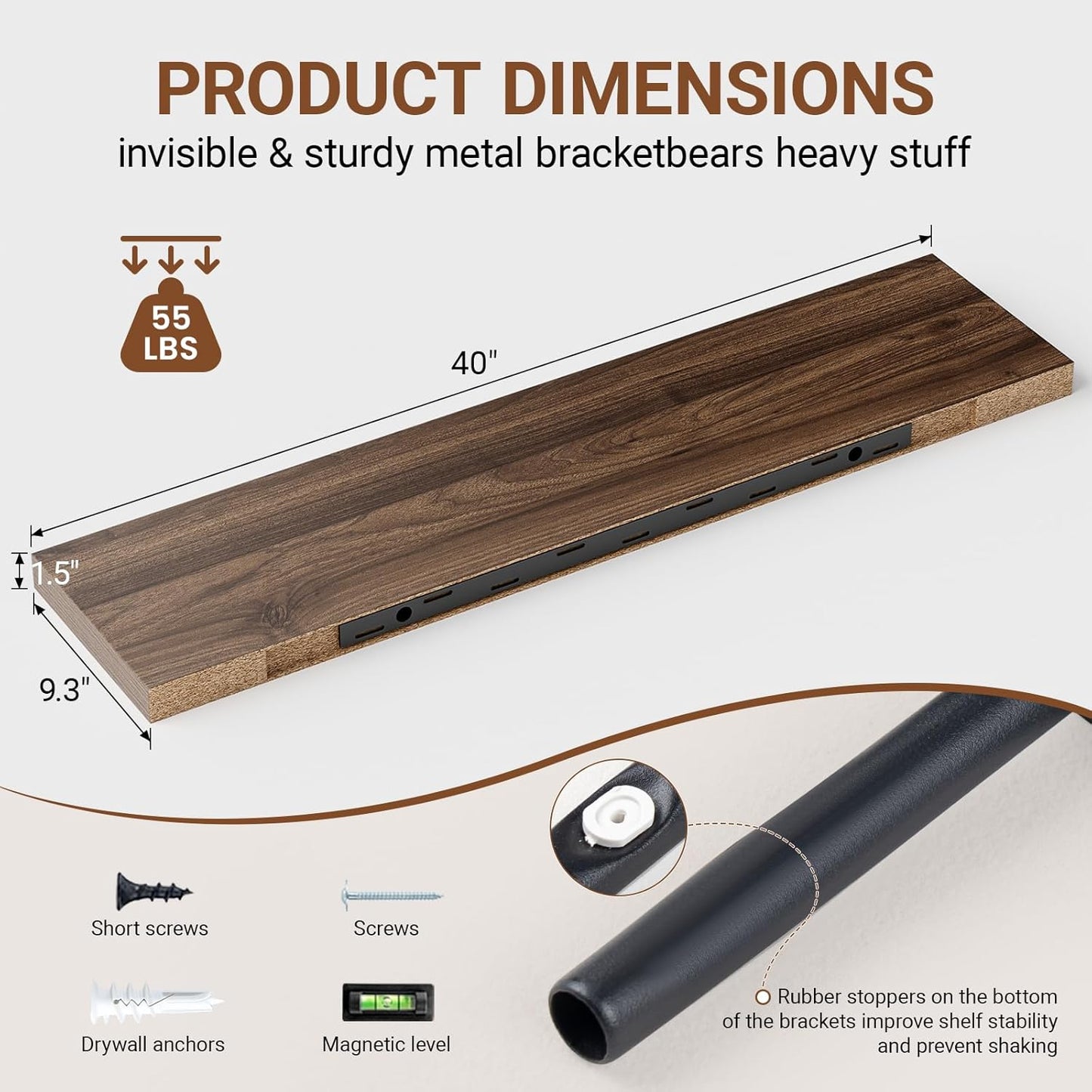 Heimlove 40 Inches Floating Shelves for Wall,9.3" Deep Walnut Long Floating Shelves Set of 2,Large