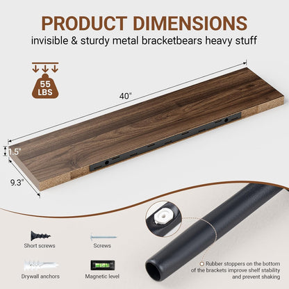 Heimlove 40 Inches Floating Shelves for Wall,9.3" Deep Walnut Long Floating Shelves Set of 2,Large