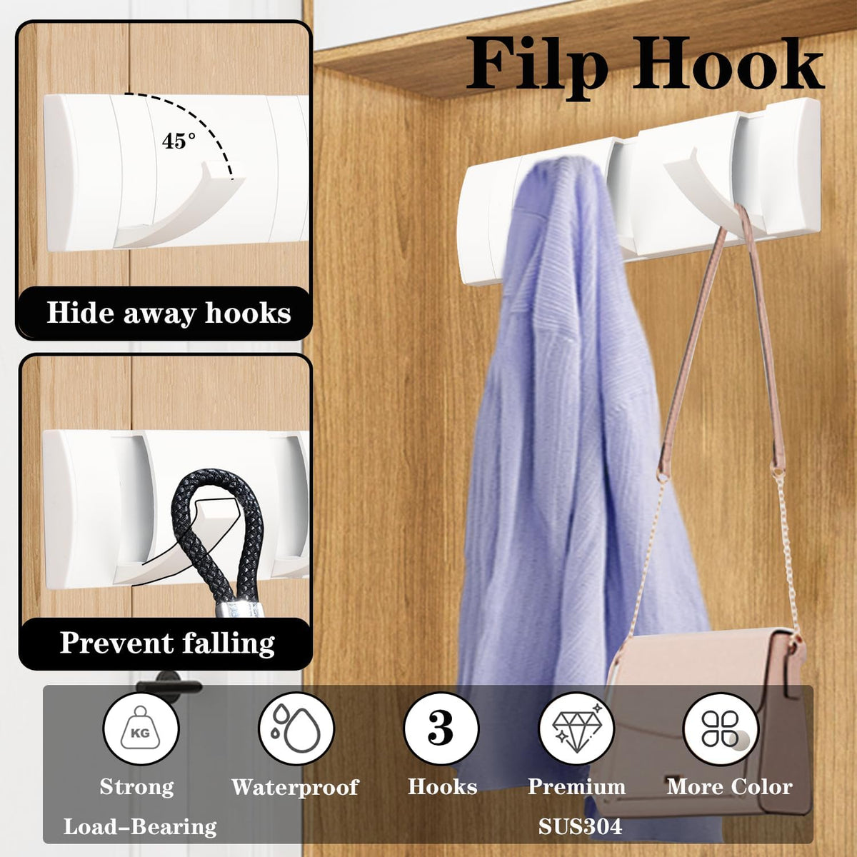 Folding Coat Hooks, Wall Mounted Coat Rack with 3 Retractable Hooks, Heavy Duty Towel Rack for