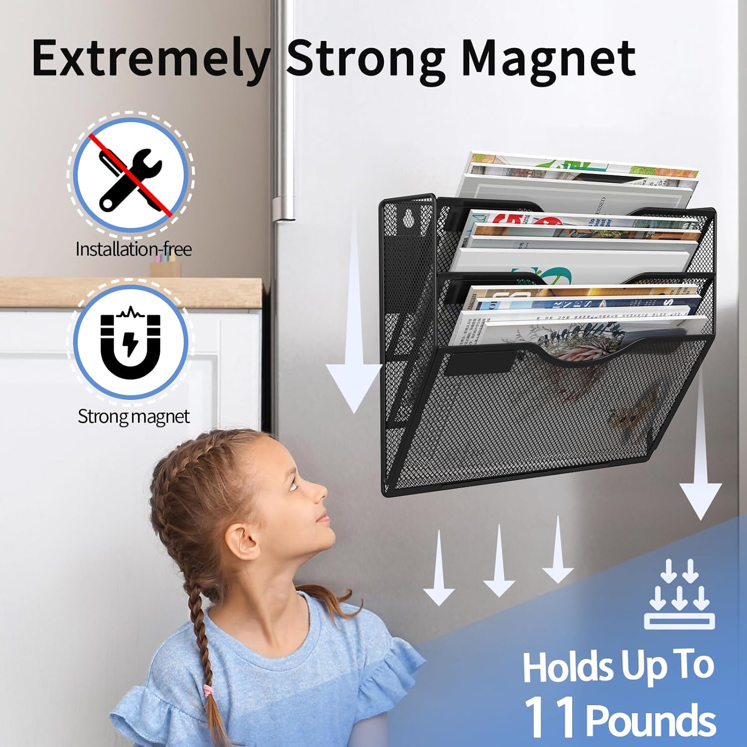 3-Tier Magnetic File Holder, No Drilling Installation File Cabinet Organizer, Black Magnetic File
